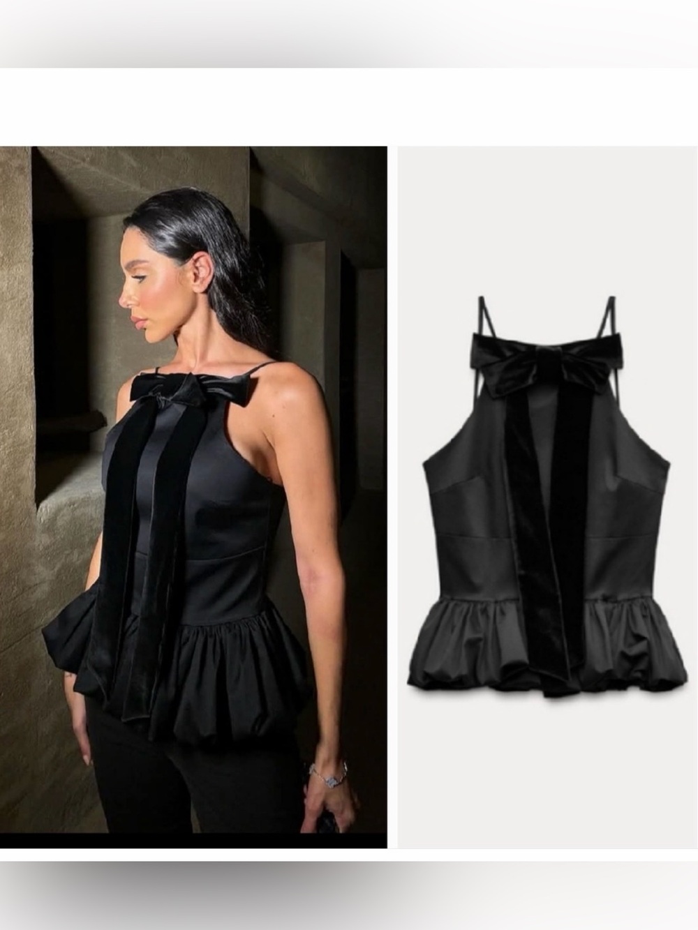 Zara Black Satin Peplum Velvet Bow Accent Halter Top